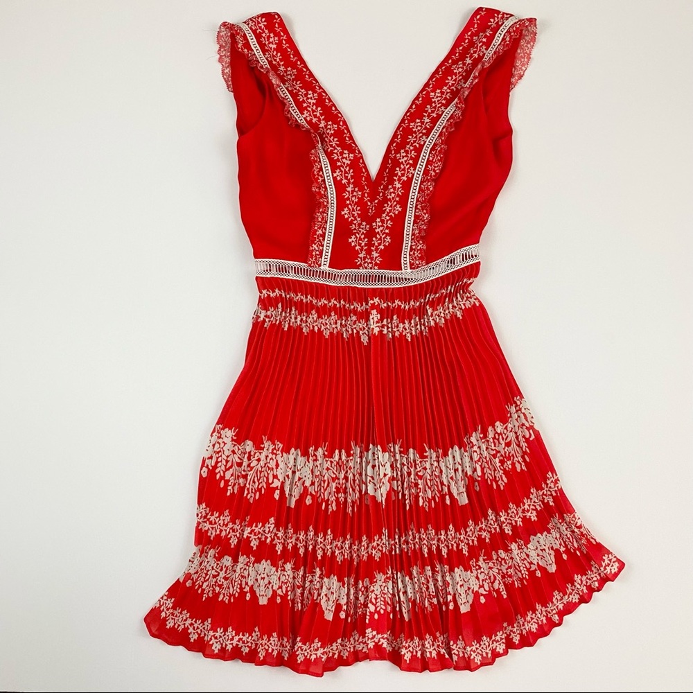 SELF-PORTRAIT Red Orange and White Pleated Floral Mini Dress